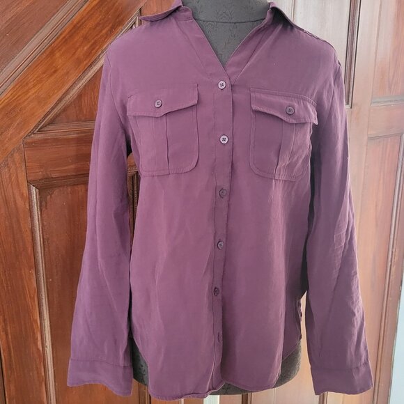 Chicos Womens Button-Down Shirt O Small Long Sleeve Chest Pockets Plum - Picture 1 of 5